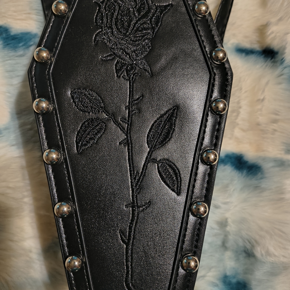 Source Unknown Black Studded Rose Embossed Coffin Crossbody Bag
